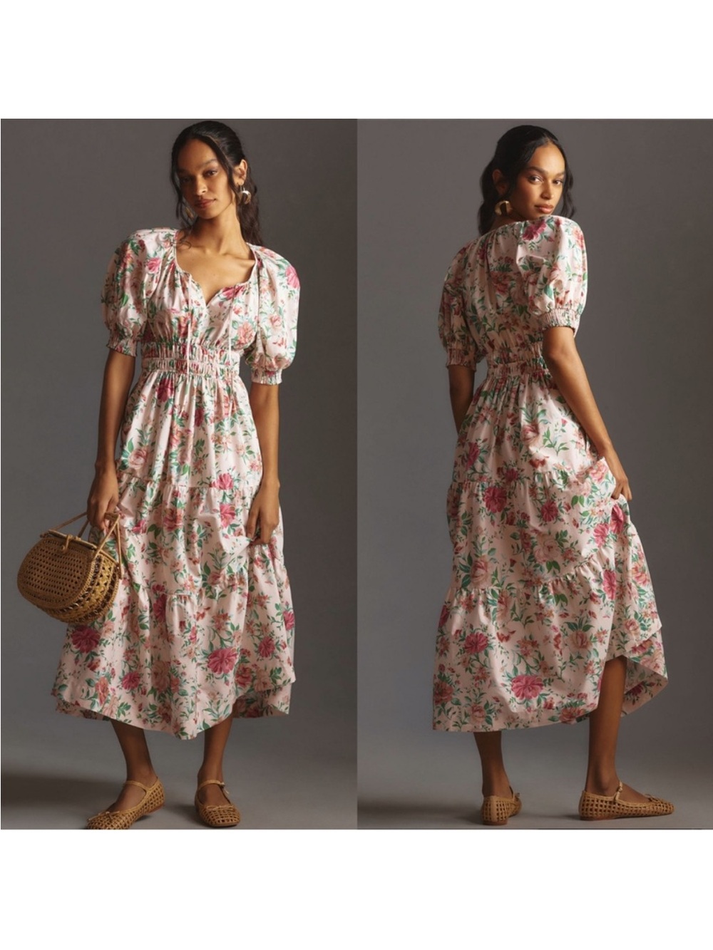 Anthropologie Floral Somerset Puff Sleeve Midi Dress Size XS Petite